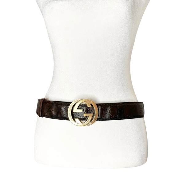 Authentic GUCCI Brown & Gold GG Embossed Monogram Leather Belt Size 85/34 - Picture 12 of 15